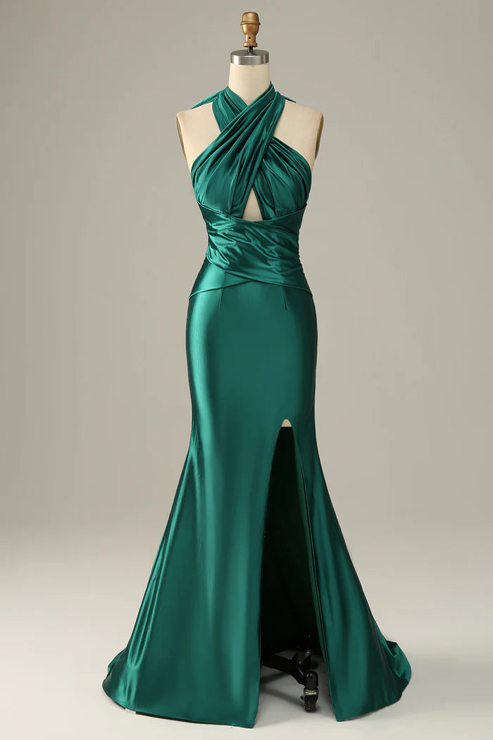 Robe Weitese vert foncé dos nu à lacets sirène robe longue robe de bal sans manches fente satin robe de soirée
